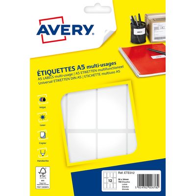 Avery - Etui A5 - 192 Étiquettes multi-usages blanches - 56 x 34 mm - réf ETE012