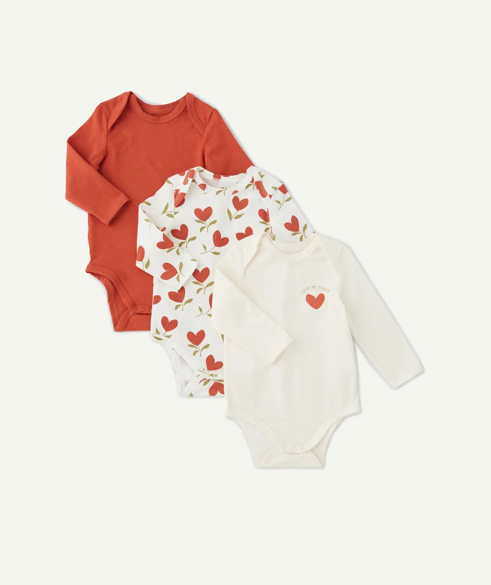 LOT DE 3 BODIES EN COTON BIO ROUILLE ET BLANC AVEC COEURS