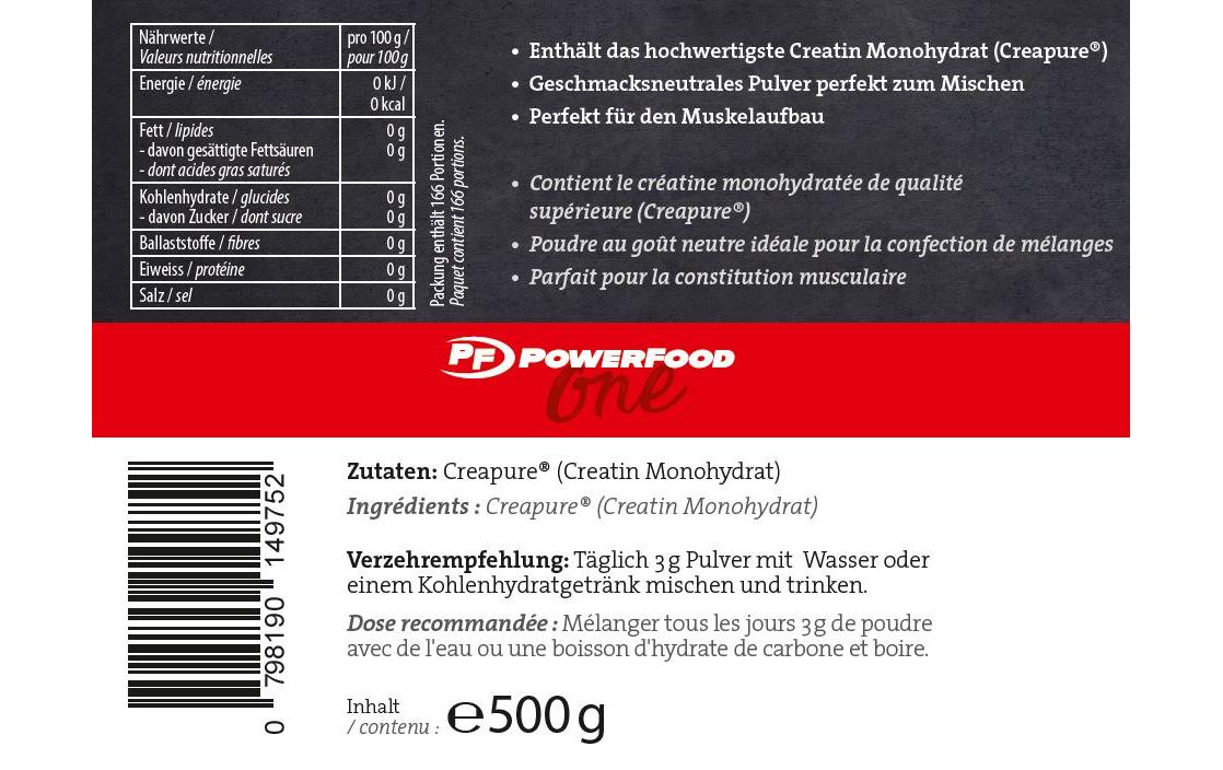 Pulver One – Creatine Powder Neutral 500 gVeganes Nahrungsergänzungsmittel