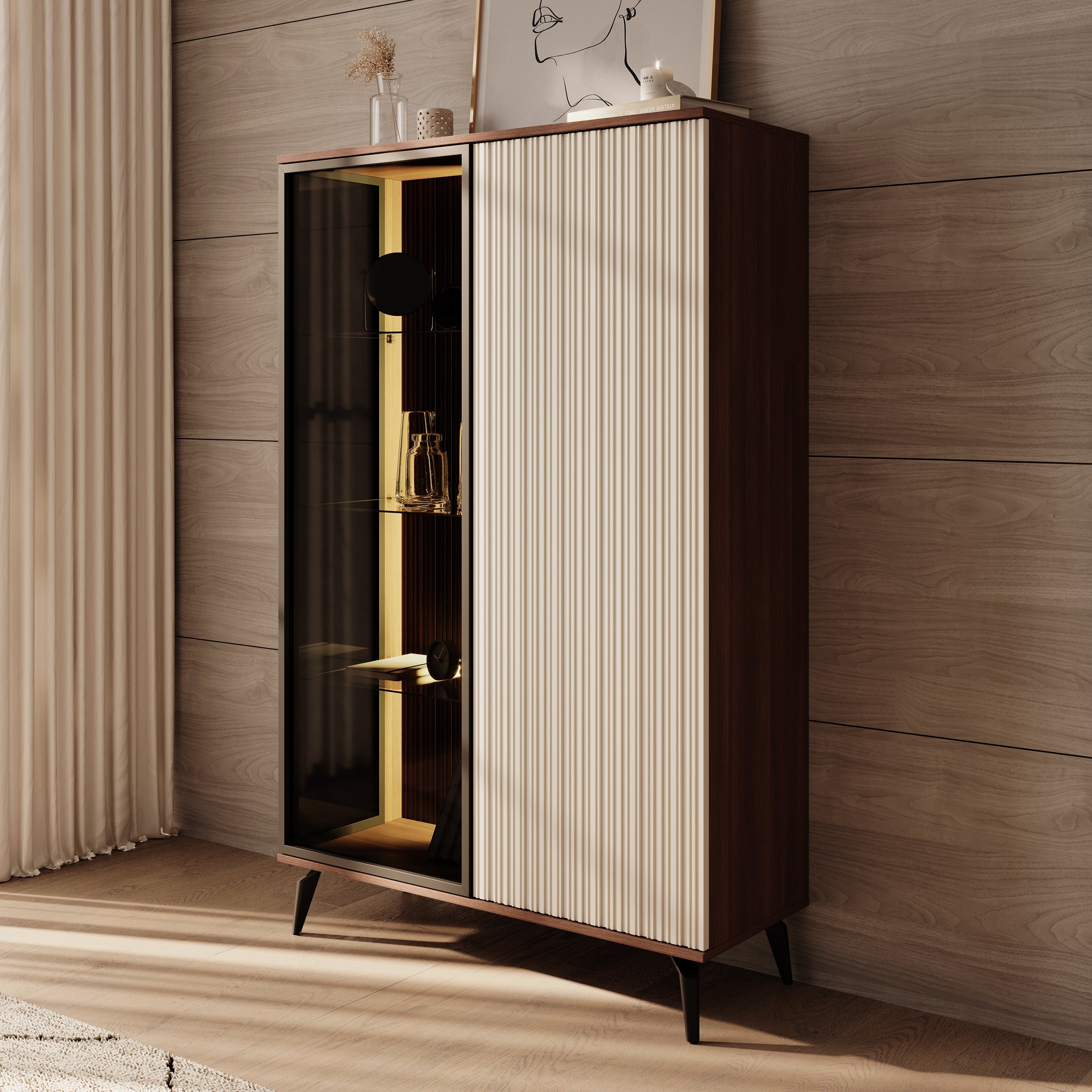 Meubella - Riverhead - Vitrinekast - Beige|Eiken - 103x39x162 cm