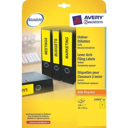 Avery Zweckform L4765-20 Ordnerrücken Etiketten, mit ultragrip, 38 x 192 mm,schmal/kurz, 20 Bogen/140 Etiketten, gelb