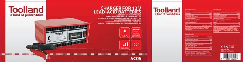 Toolland - Acculader - Rood - 12 V - Met Overbelastingsbeveiliging en Ledstatusweergave
