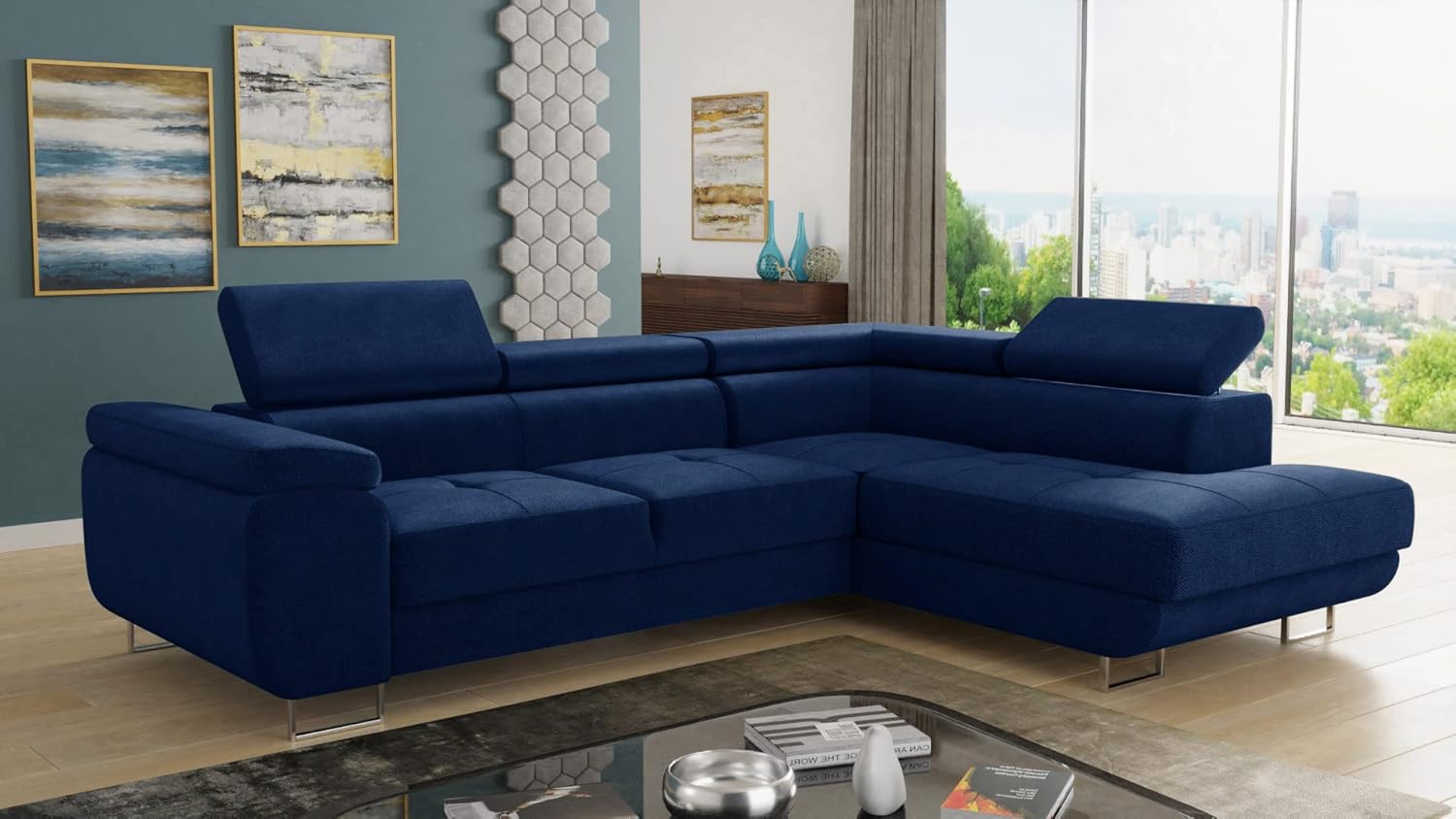 Sofnet Ecksofa Caris mit Schlaffunktion und einstellbare Kopfstützen, Wohnlandschaft mit Bettkasten, Couch, Sofa, Bettsofa (Dunkelblau (Kronos 09), Ecksofa Rechts)