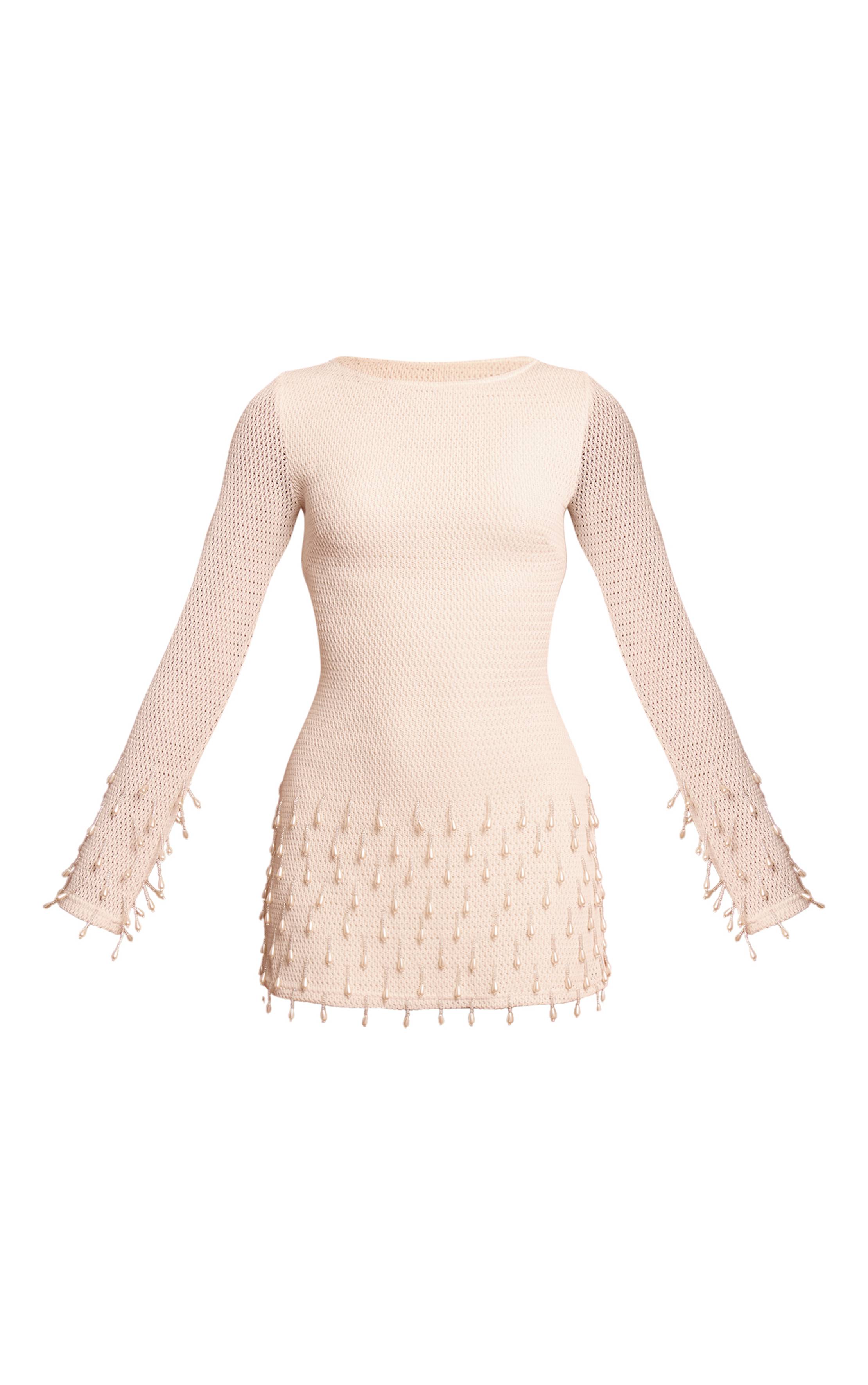 Naturel Robe Courte Texturée À Manches Longues Et Détails De Perles