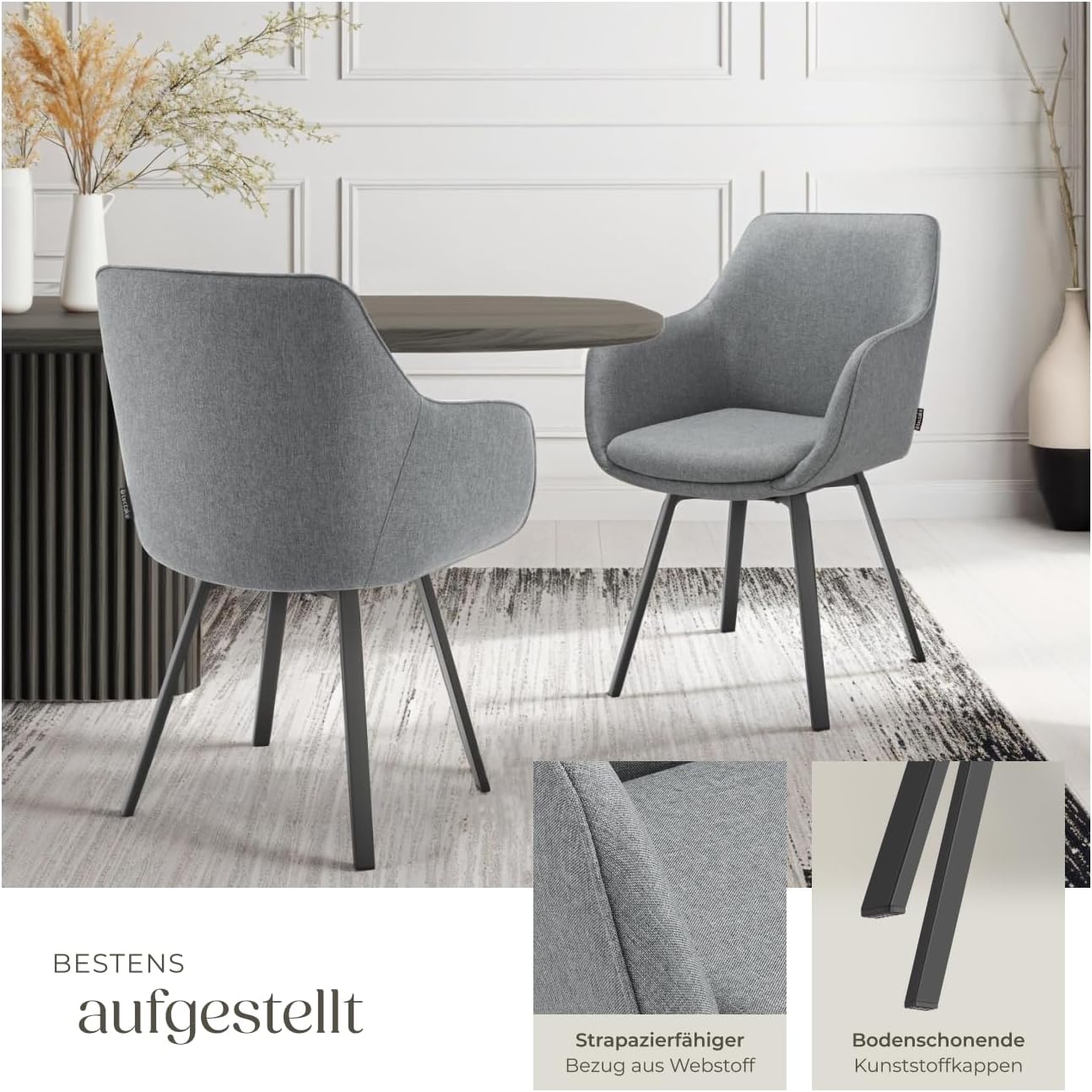 tectake® 6er Set Stuhl drehbar, Esszimmerstühle mit Armlehne, Küchenstühle, Stühle Esszimmer, Drehstühle für Dining Lounge, Esstisch, Schminktisch, Armlehnstuhl, Esszimmermöbel - anthrazit
