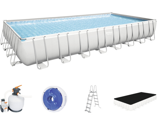 Bovengronds zwembadframe zwembadset Bestway Power Steel™ rechthoekig 956x488x132 cm incl. zandfiltersysteem grijs