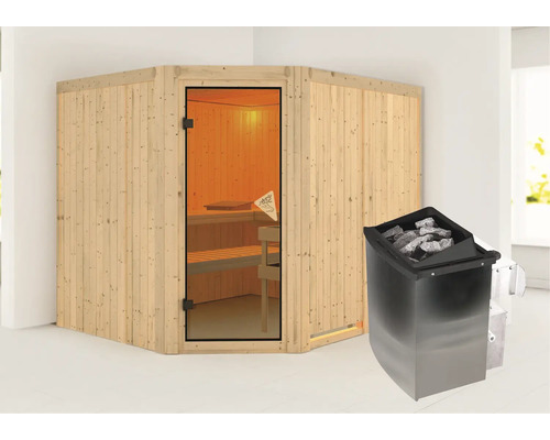 Karibu Malina modulaire sauna inclusief 9 kW kachel en geïntegreerde bedieningseenheid, zonder dakrand, gebronsde volledig glazen deur