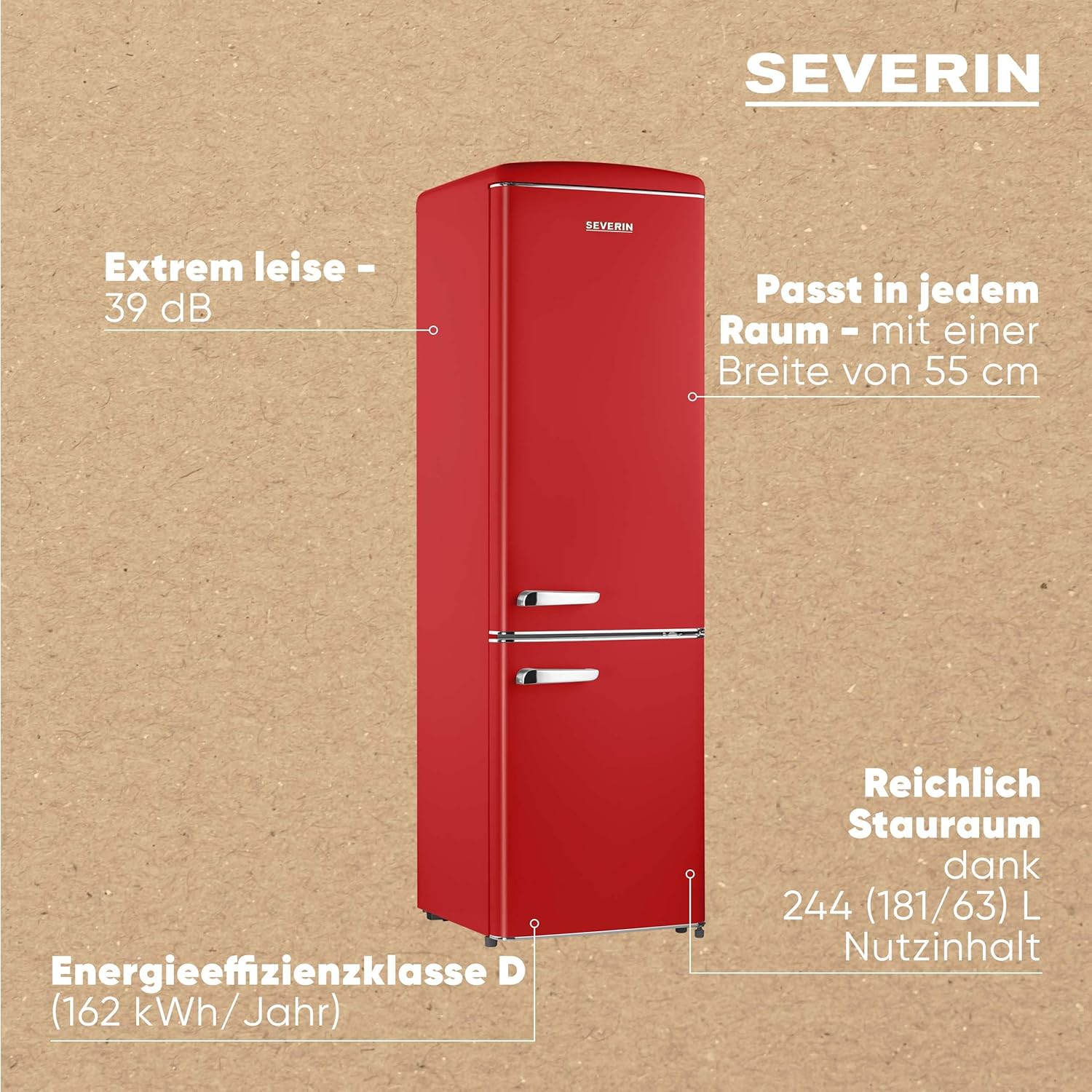 SEVERIN Retro Kühl- & Gefrierkombination, Kühlschrank im Retro-Design mit Chrom-Applikationen, LED-Beleuchtung, 1-7°C, 244 L Nettovolumen, nur 39 dB, rot, RKG 8917 [EEK D]