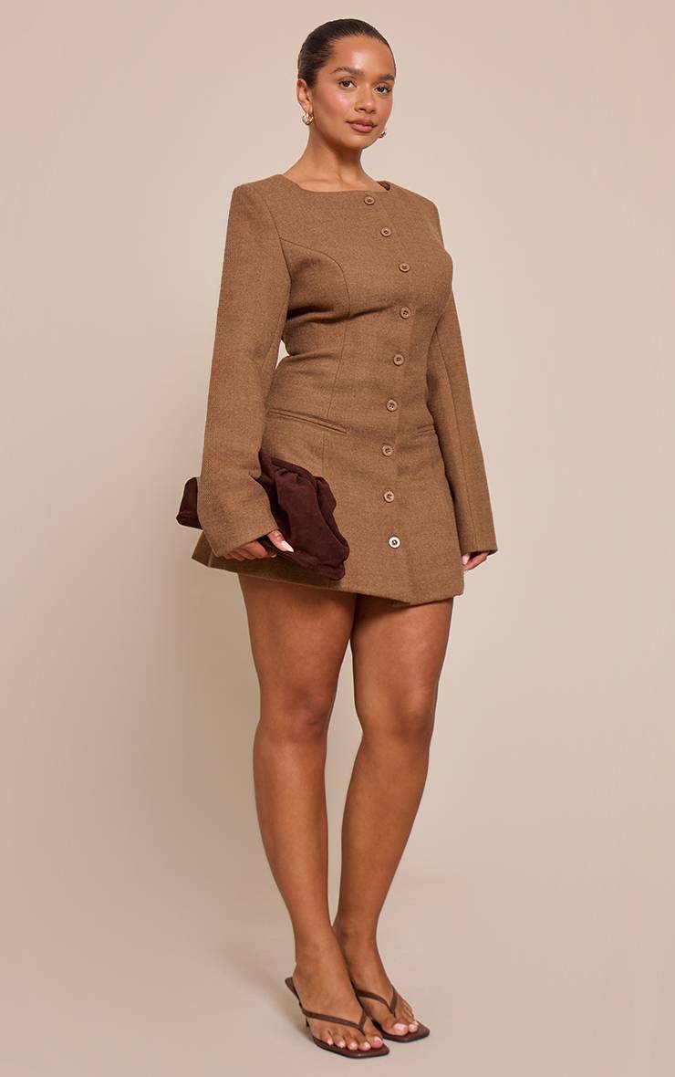Chocolat Robe Mini Ajustée Boutonnée Shape Aspect Laine