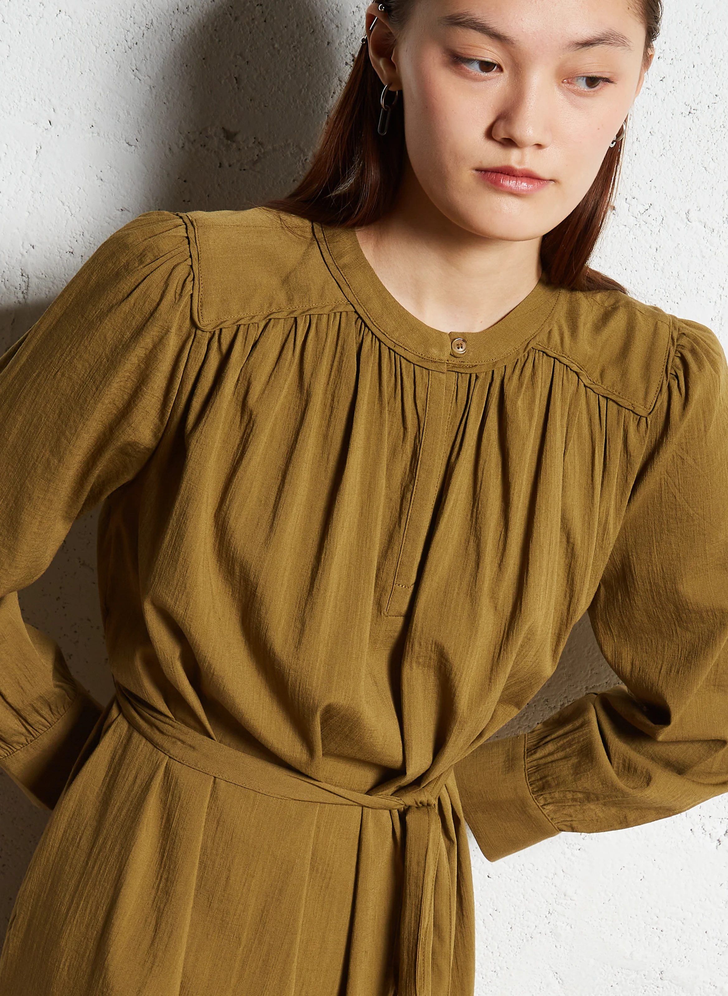 Robe midi droite à col mao | Kaki
