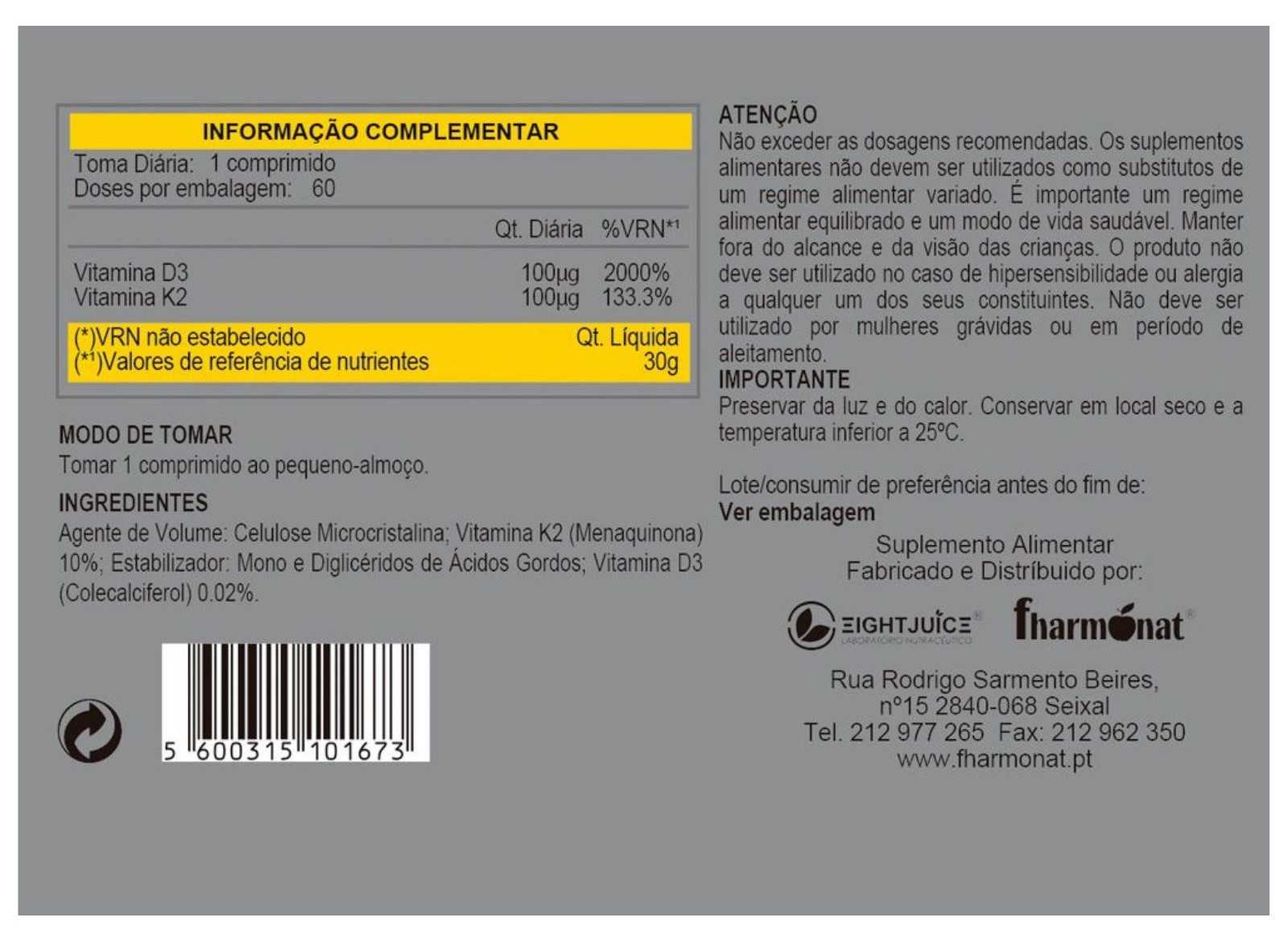 Fharmonat Biokygen Vitaminas K2 e D3 60 comprimidos
