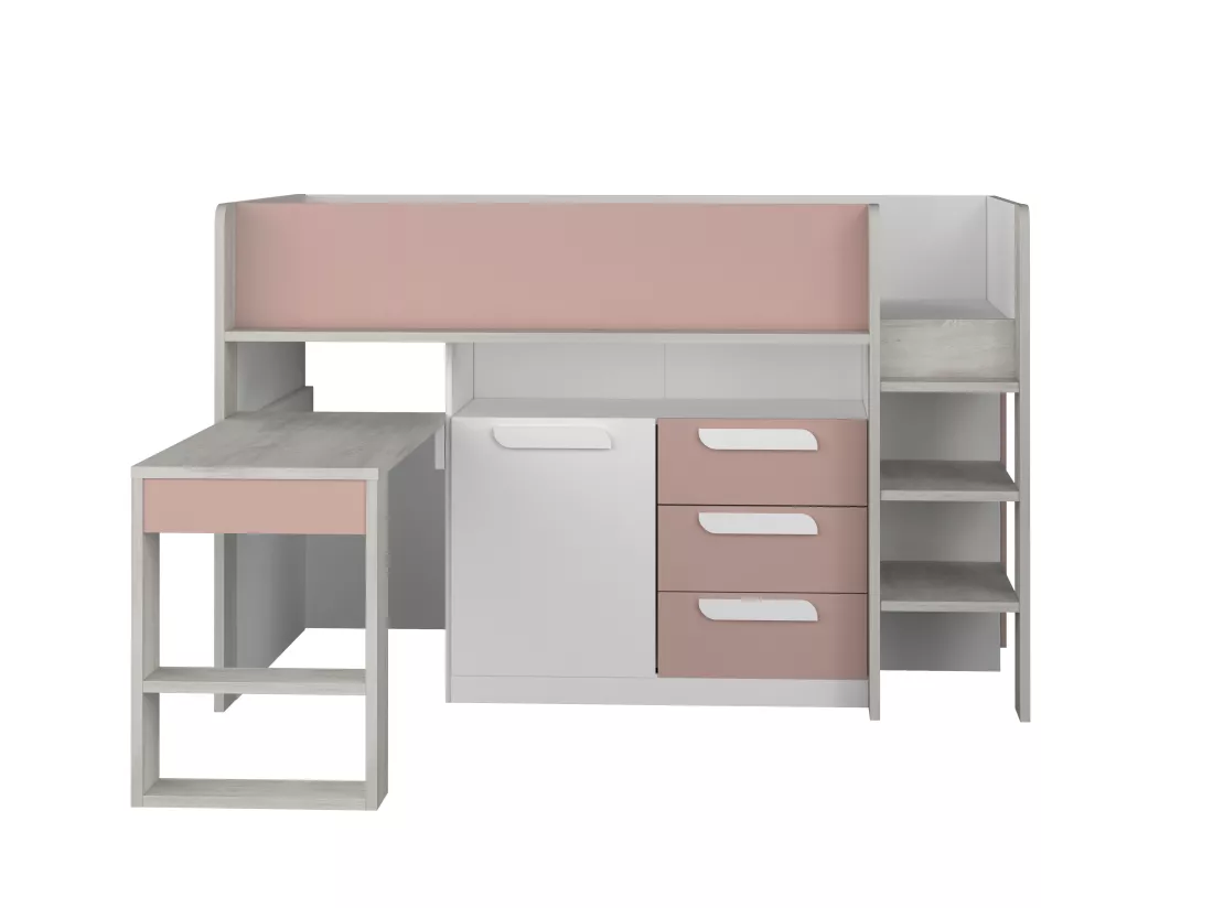 Lit combiné 90 x 200 cm - Avec bureau et rangements - Rose, naturel et blanc + Matelas - LOUKALA
