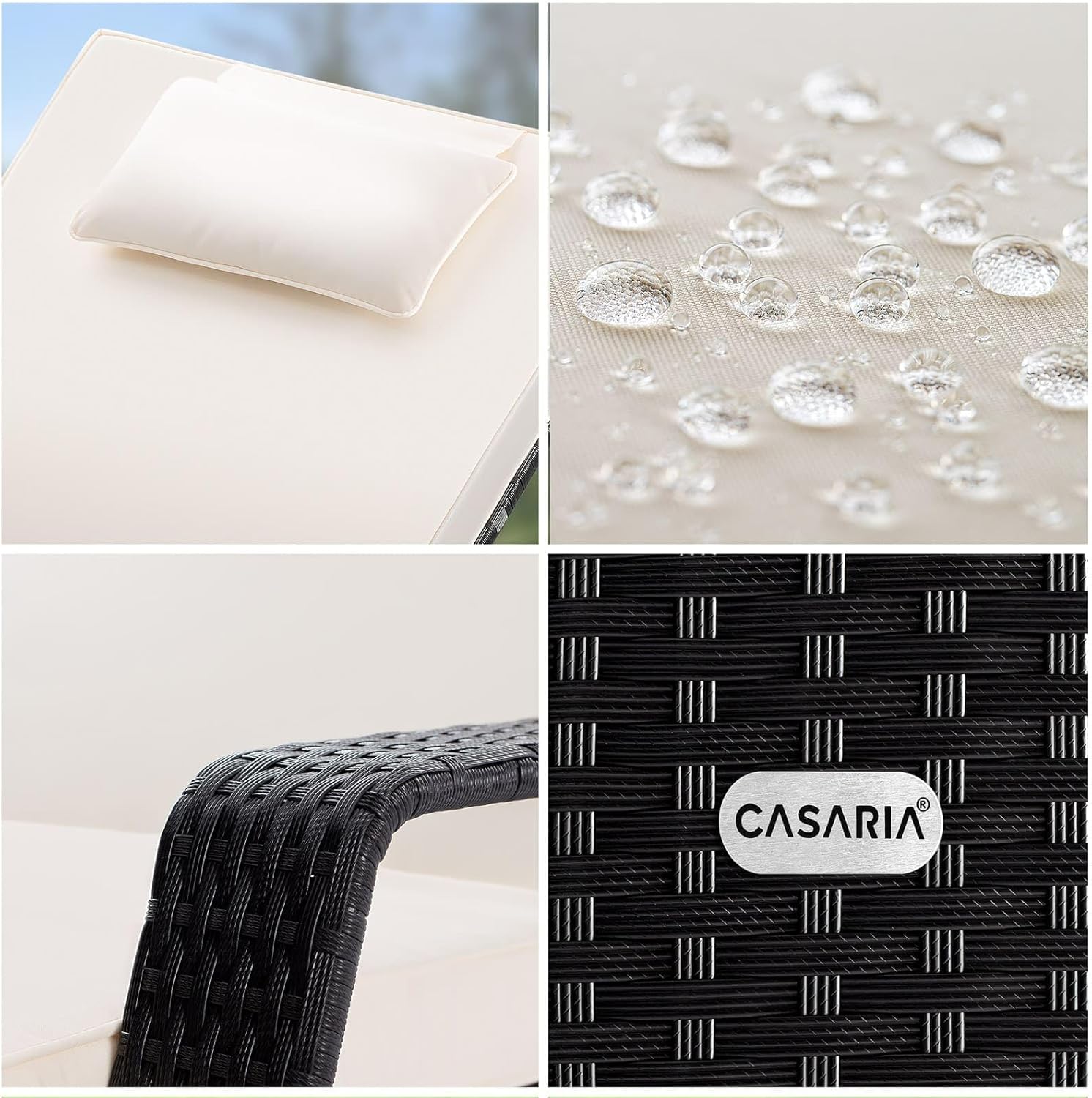 Casaria® Sonnenliege mit Rollen 7cm Auflage Extra Breit 90cm Gartenliege Wetterfest 165kg Belastbar Verstellbar Terrasse Balkonmöbel Liegestuhl Schwarz Creme