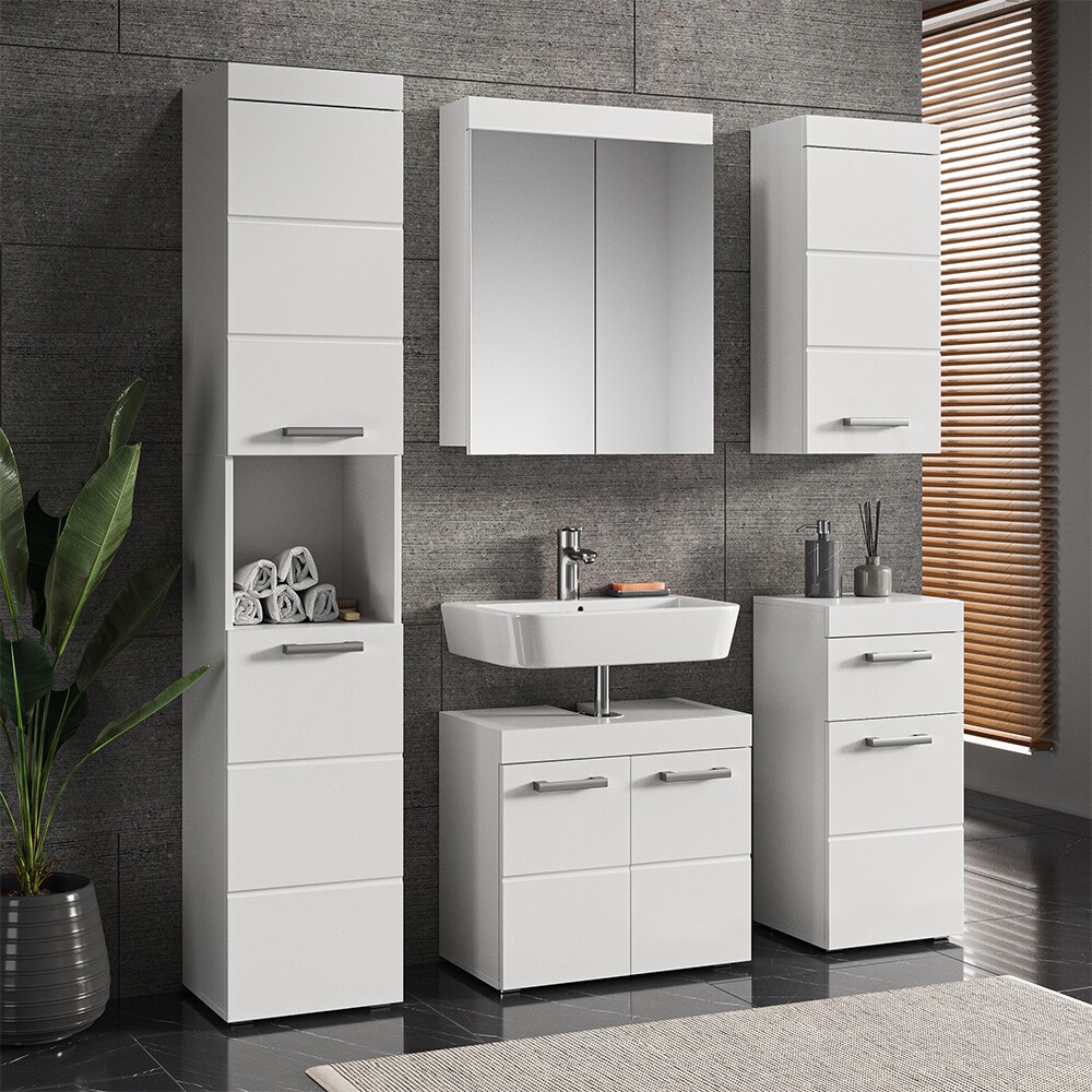 Vicco Badmöbelset Luna Weiß Skandi Badezimmerschrank Badschrank Waschtischunterschrank Spiegelschrank Midischrank Hochschrank Hängeschrank Schranktür Schrankfach Schrankschublade Ablage Aufbewahrung
