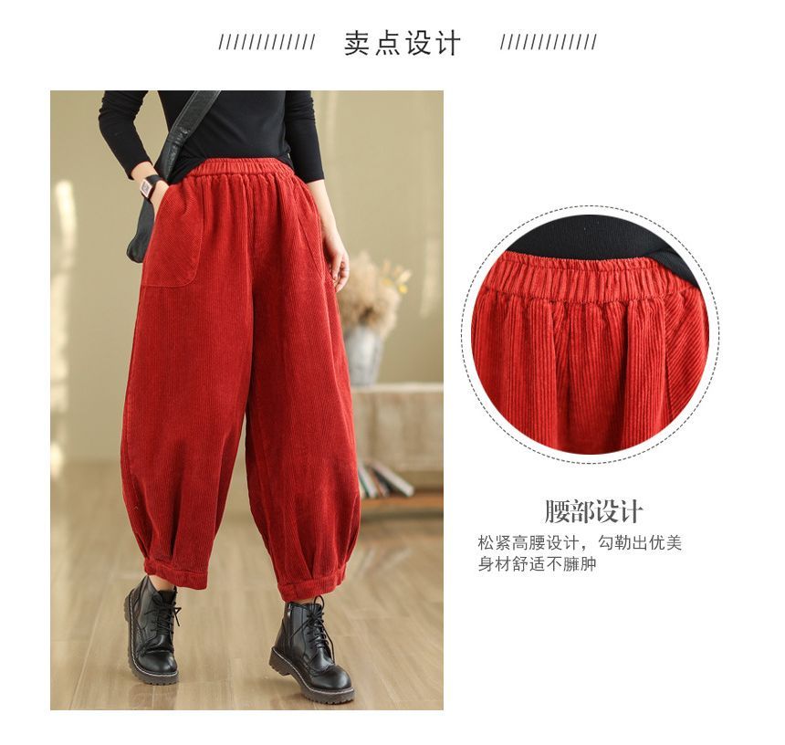 Lewwe - Elastische taille, effen corduroy cropped harembroek