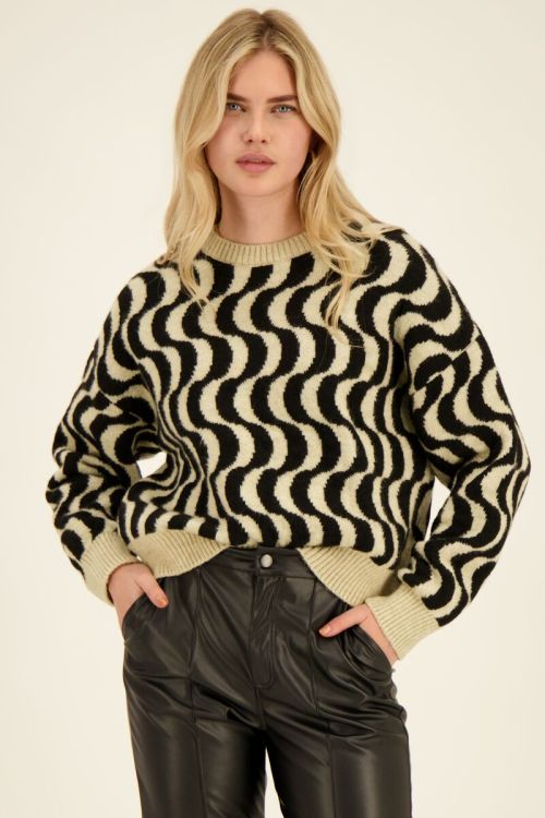 Beige & zwarte jacquard wave trui