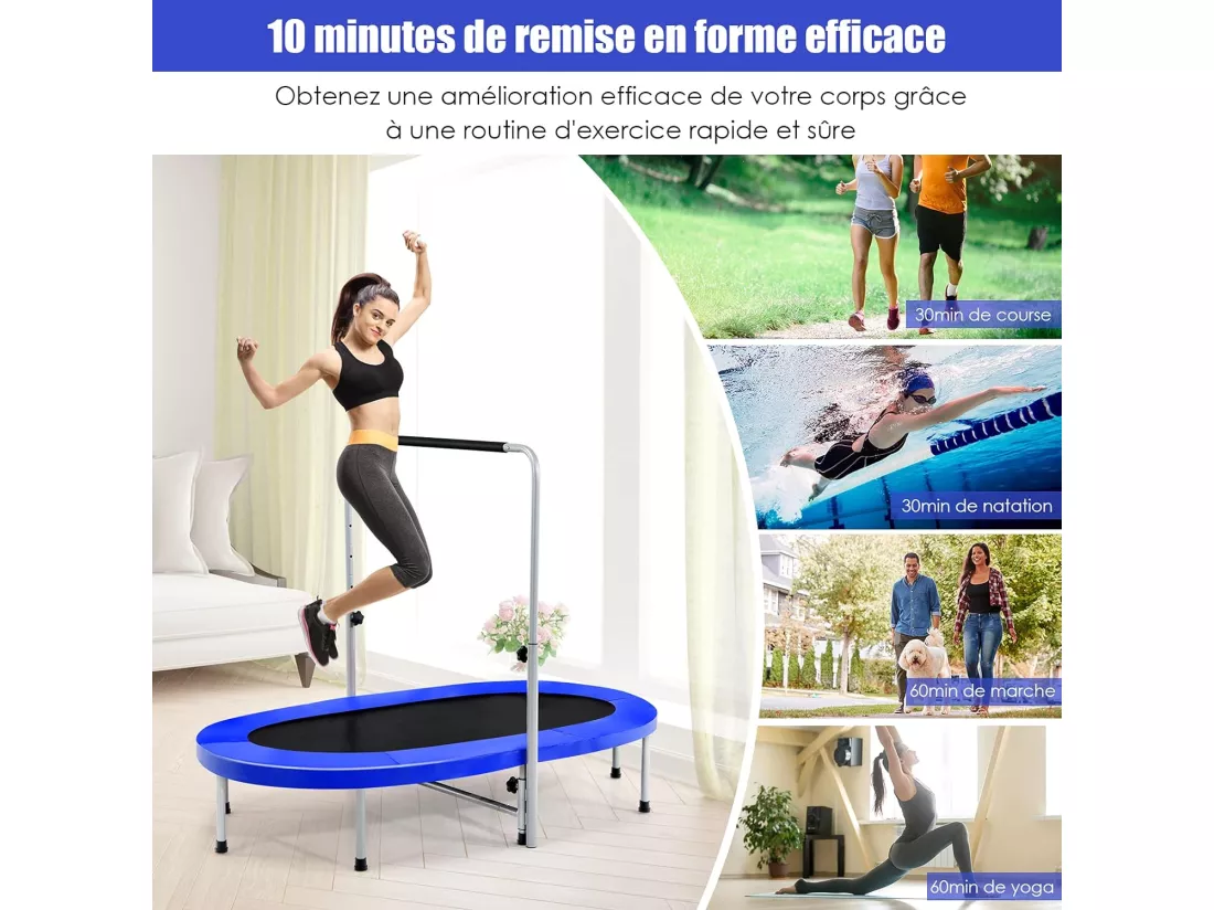 Trampoline Pliable pour 2 Enfants Intérieur/Extérieur avec Main Courante Ajustable Coussin Tapis de Saut Charge 150kg Bleu