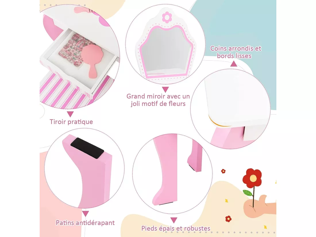 Coiffeuse pour Enfants avec Miroir et Tabouret en Bois - Style Princesse Cadeau pour Filles Rose