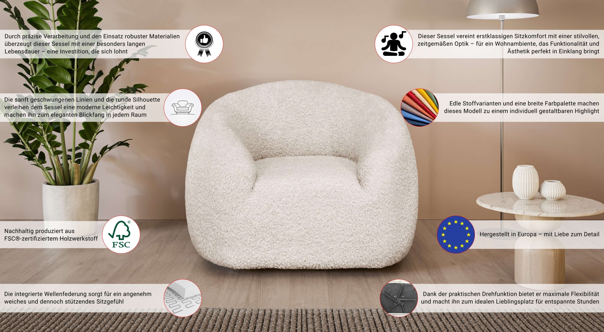 LeGer Home by Lena Gercke Drehsessel »YANI Relaxsessel, Loungesessel, Masse B/T/H: 119/98/82 cm« organische Form, mit Wellenunterfederung, auch in Bouclé