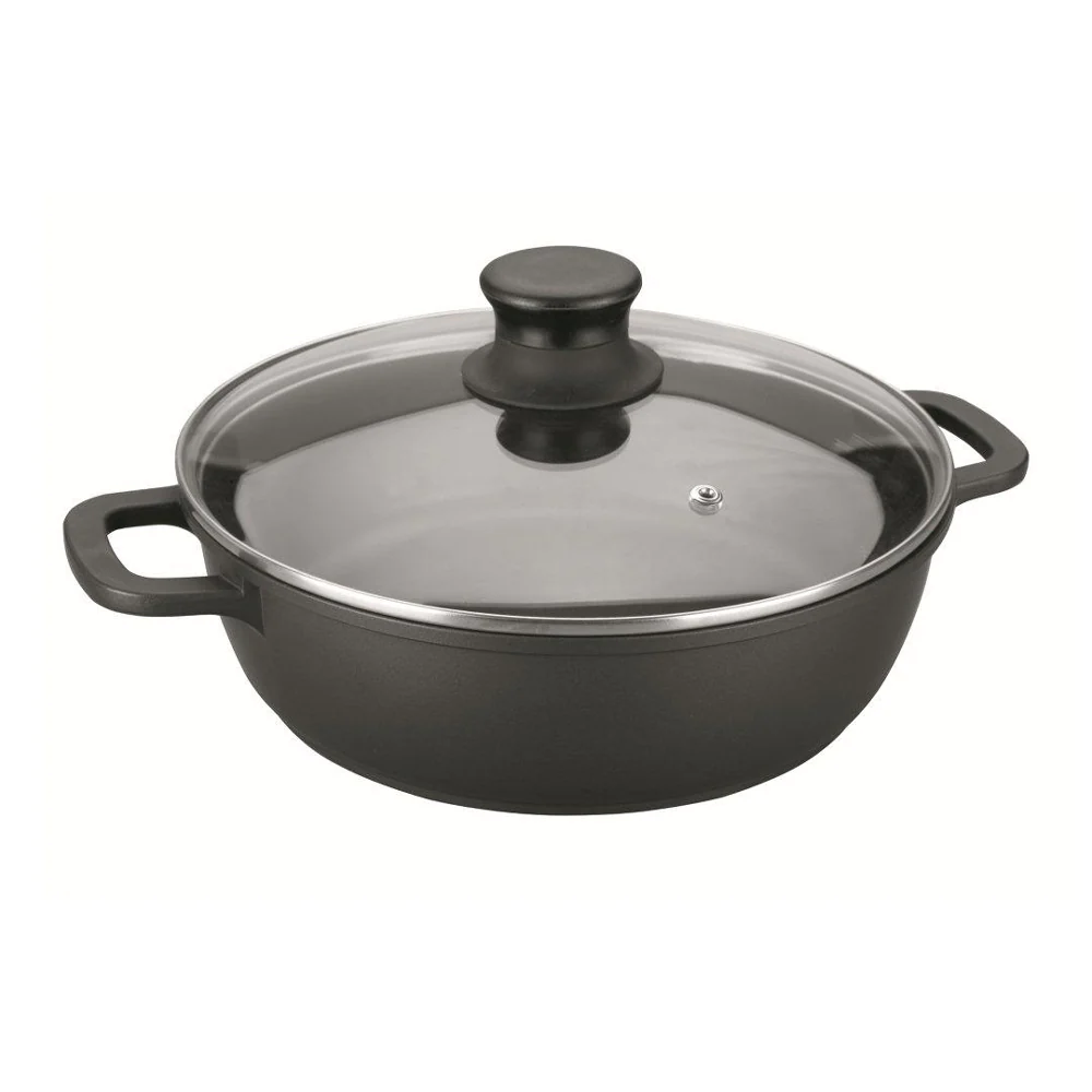Faitout bas 28 cm en fonte d'aluminium couvercle en verre Lacor