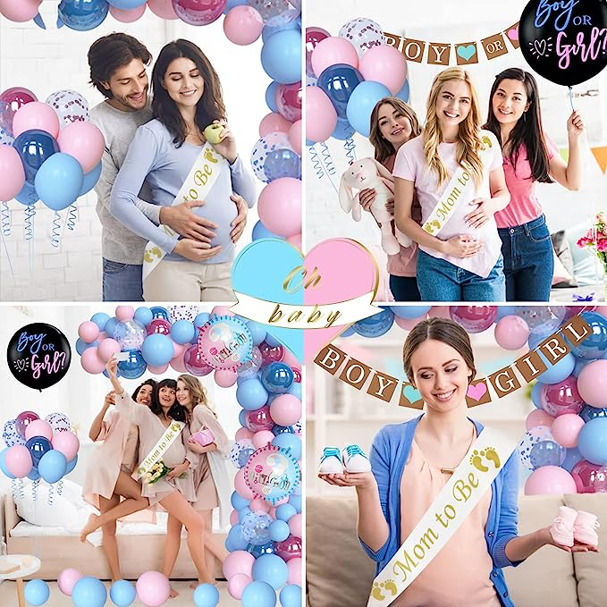 (168-tlg. Set) Baby Shower Party Deko Gender Reveal Ballons / Girlande / Party Geschirr / Schärpe - Rosa / Blau