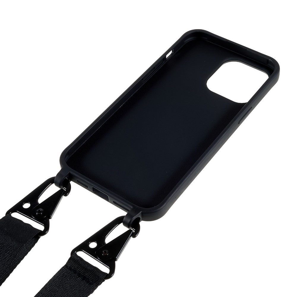 iPhone 14 Pro Necklace Gummi Case Hülle   Handykette Nylon Strap (160cm) - Schwarz
