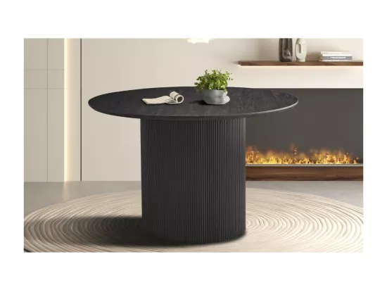 Table à manger ronde VAGOS effet bois brun foncé, idéal pour une salle à manger conviviale