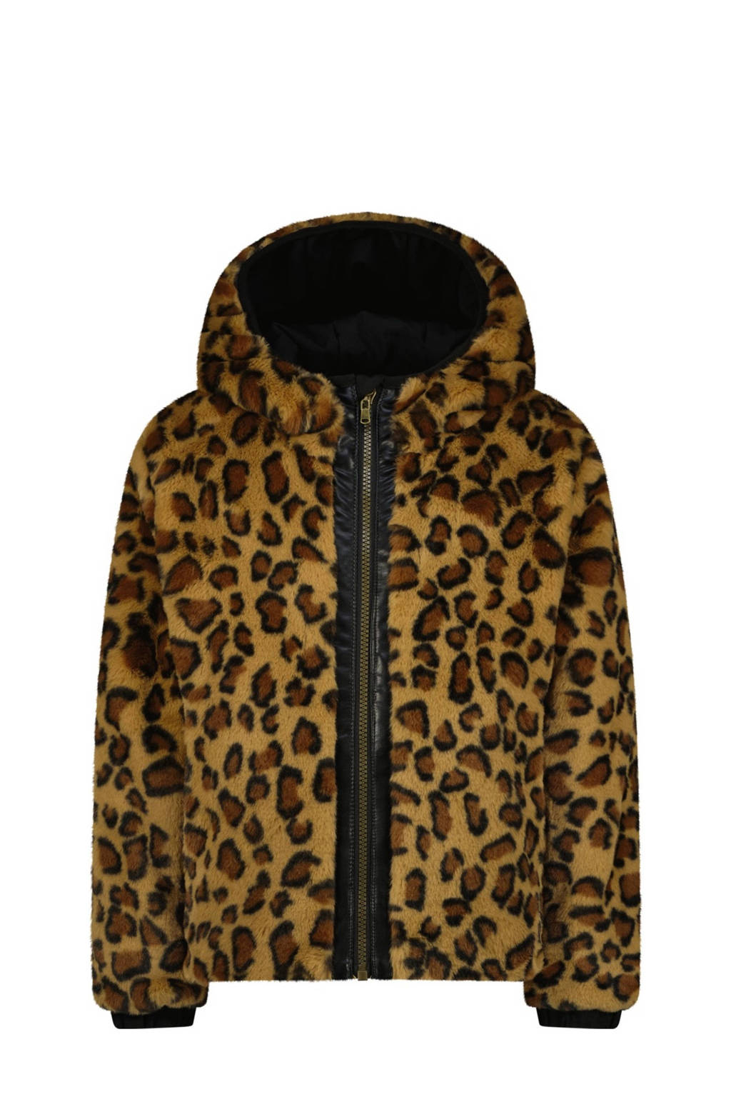 Vingino reversible gewatteerde imitatiebont winterjas Tabra met panterprint zwart/bruin