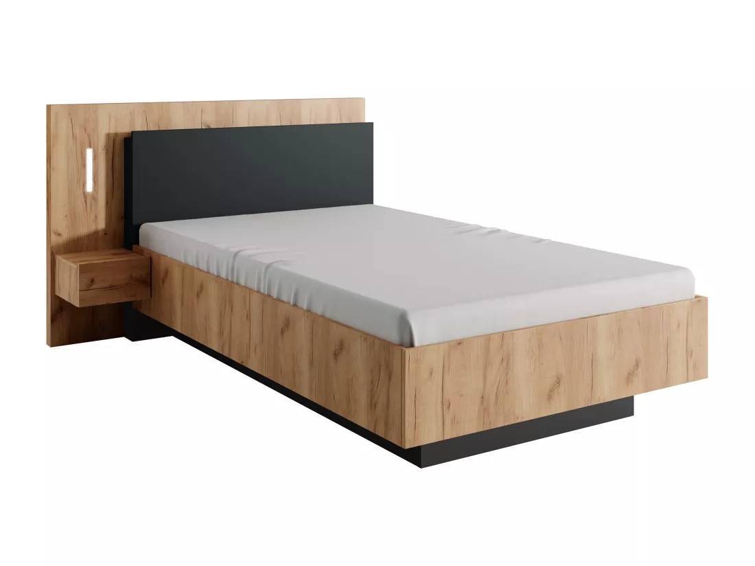 Lit avec chevet 120 x 200 cm - 1 tiroir - Avec LEDs - Coloris : Naturel et anthracite - FRANCOLI