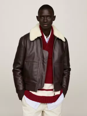 Jaqueta Bomber Crest de Couro com Gola a Penas e Corte Relaxado