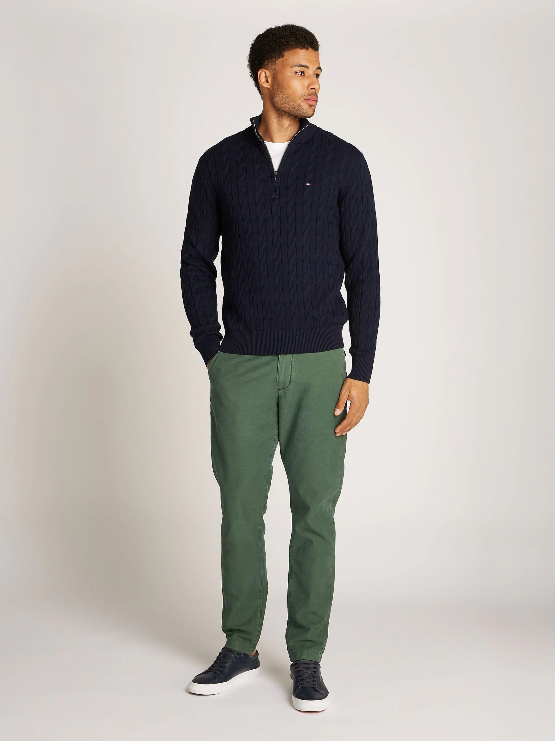 Blauw - Tommy Hilfiger - Gebreide kabeltrui met halve rits