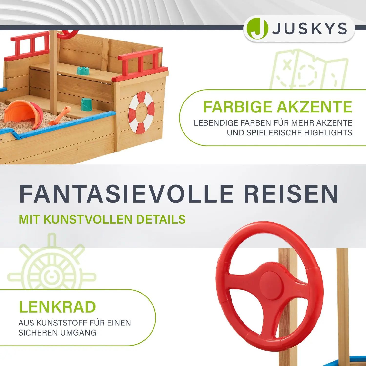 Juskys Sandkasten Käpt’n Pit mit Bodenplane & Dach - Holz Piratenschiff Boot - Sandkiste Sandbox