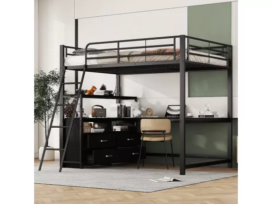 Lit mezzanine enfant 140x200 lit à cadre en fer tiroirs pratiques bureau élégant en L design stratifié Noir