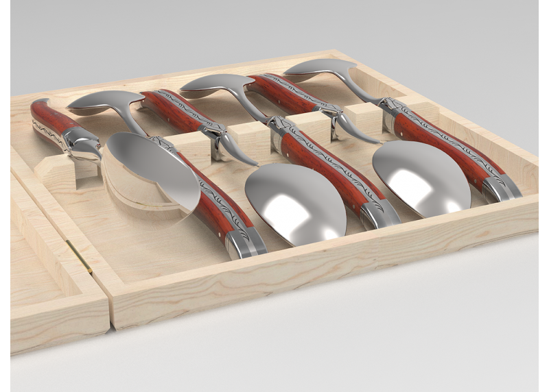 Service de 6 petites cuillères Laguiole avec un manche en bois de corail et mitres en acier inoxydable