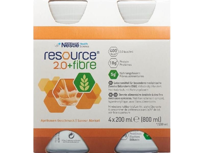 Resource 2.0 Fibre Aprikose 4 x 200 ml Hochkalorische Trinknahrung für besondere medizinische Zwecke