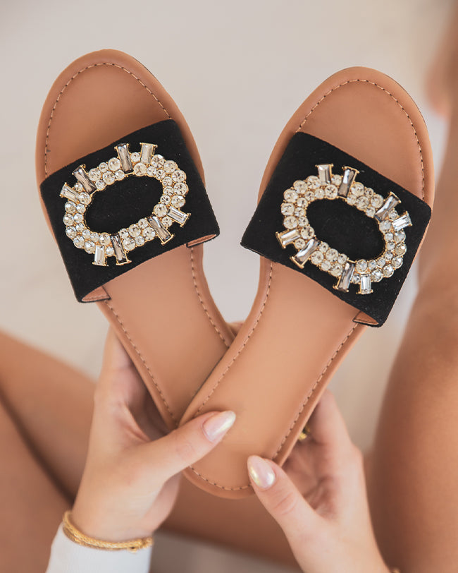 Sandale plate femme diamant daim mule noir - Clara