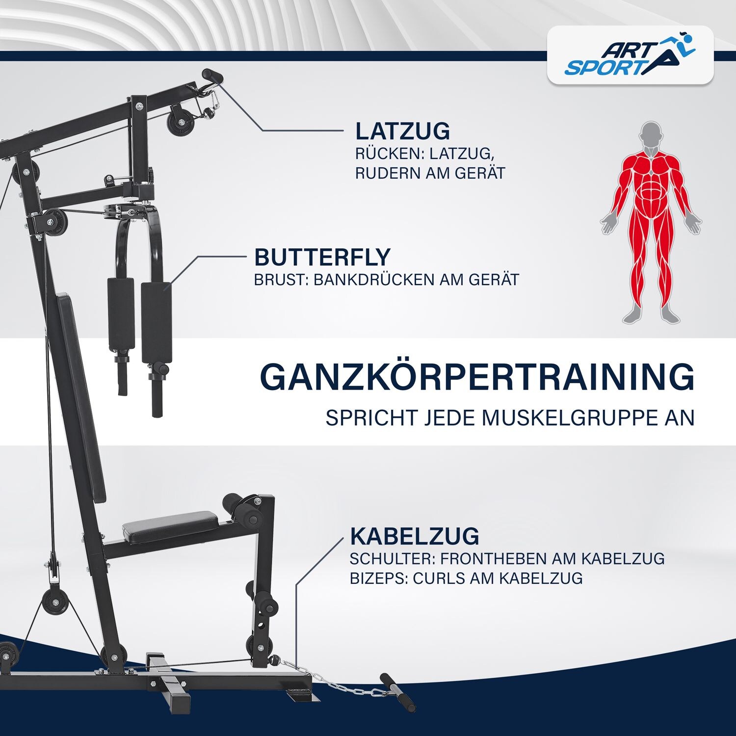 ArtSport Kraftstation ProfiGym 2000 Set mit Latzugstange, Butterflystange & Seilzug – 40kg Gewichte