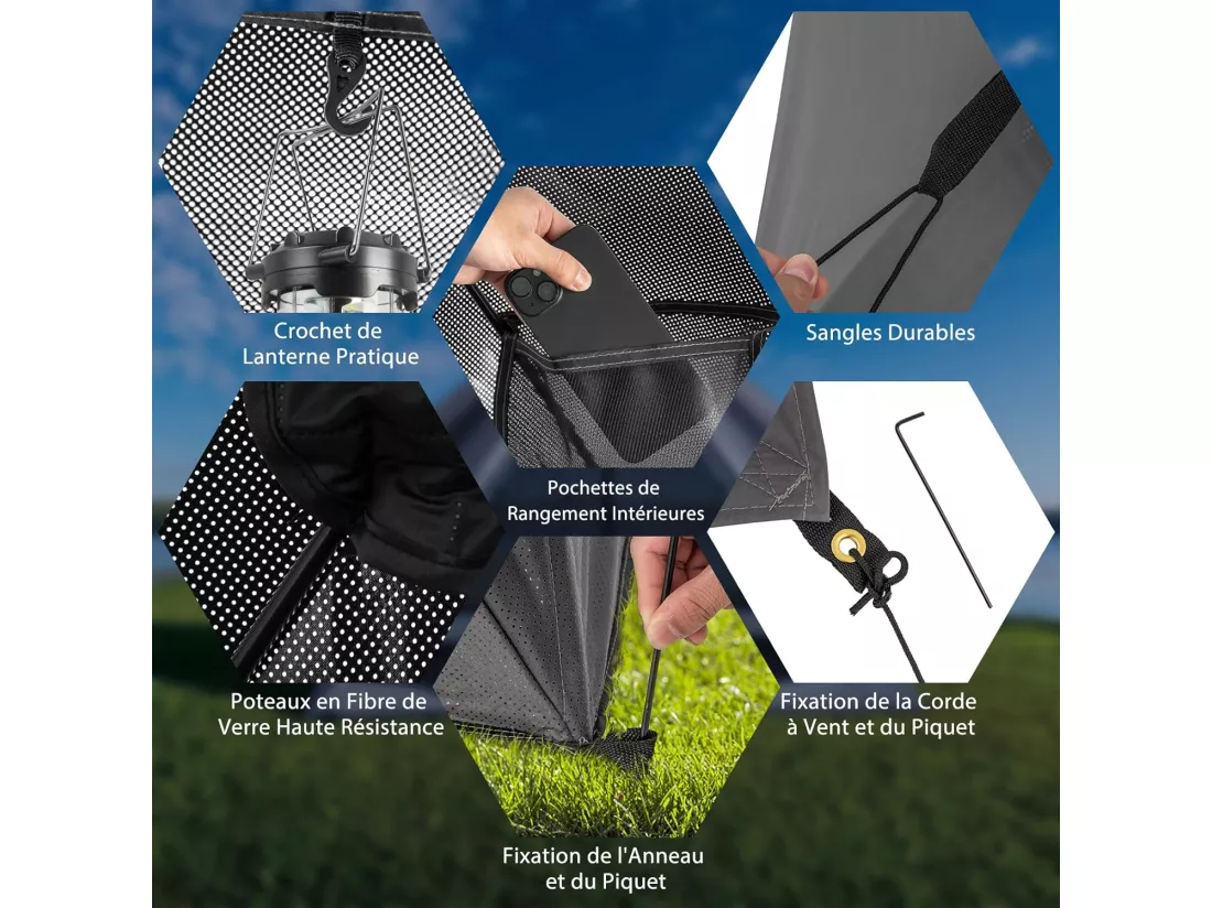 Tente de Camping Escamotable pour 2-3 Personnes, Tente Familiale Imperméable Transparente Unidirectionnelle à 360° avec Coupe-Vent Sac de Transport, 225 x 145 x 161 cm