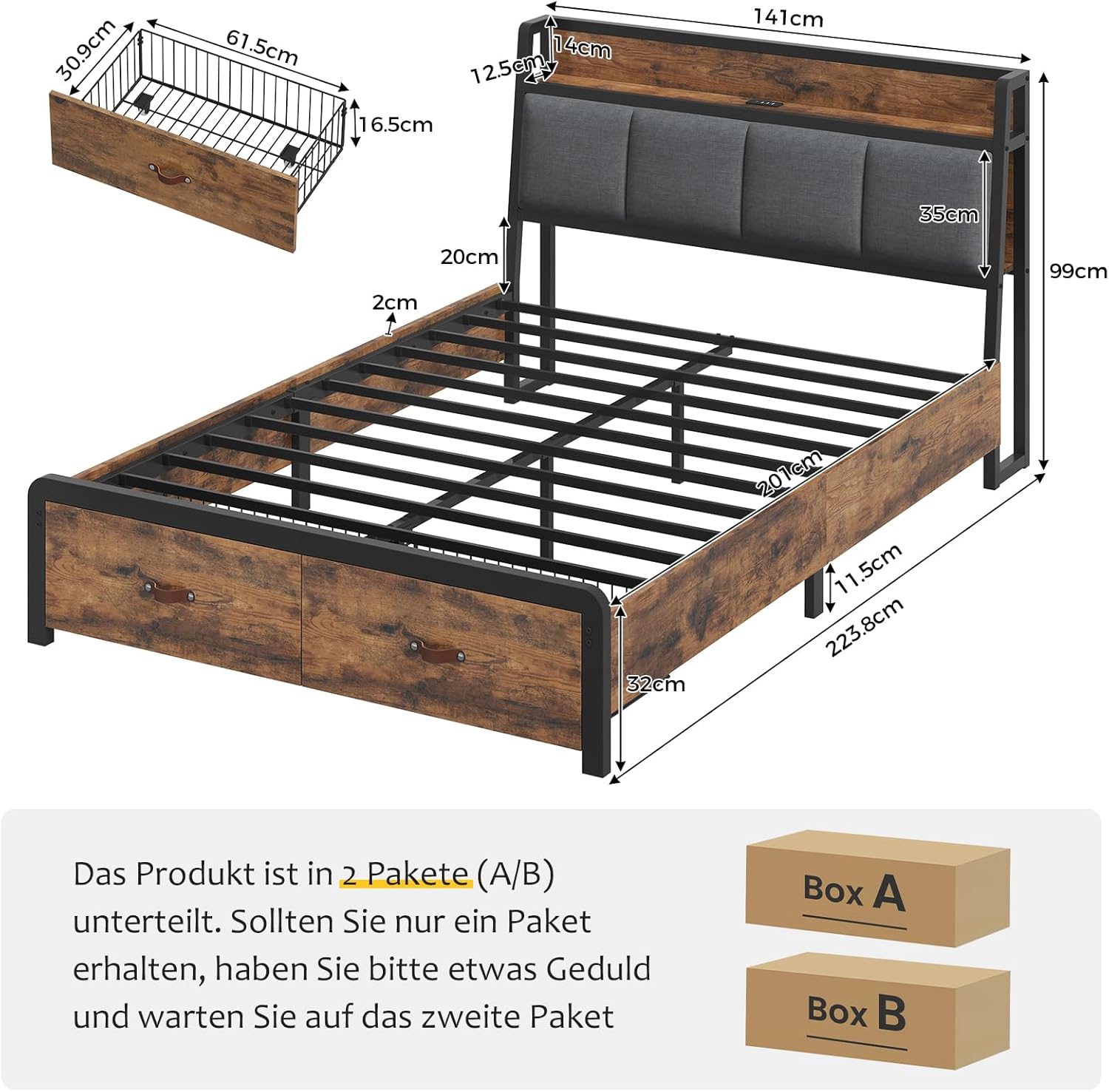Bett 140x200 cm, Metallbett Bettgestell, Bettrahmen mit Lattenrost, Ladestation, 2 Schubladen, Metallrahmen & Holzkopfteil mit Stauraum, für Schlafzimmer, Gästezimmer, Schwarz+Vintage-braun