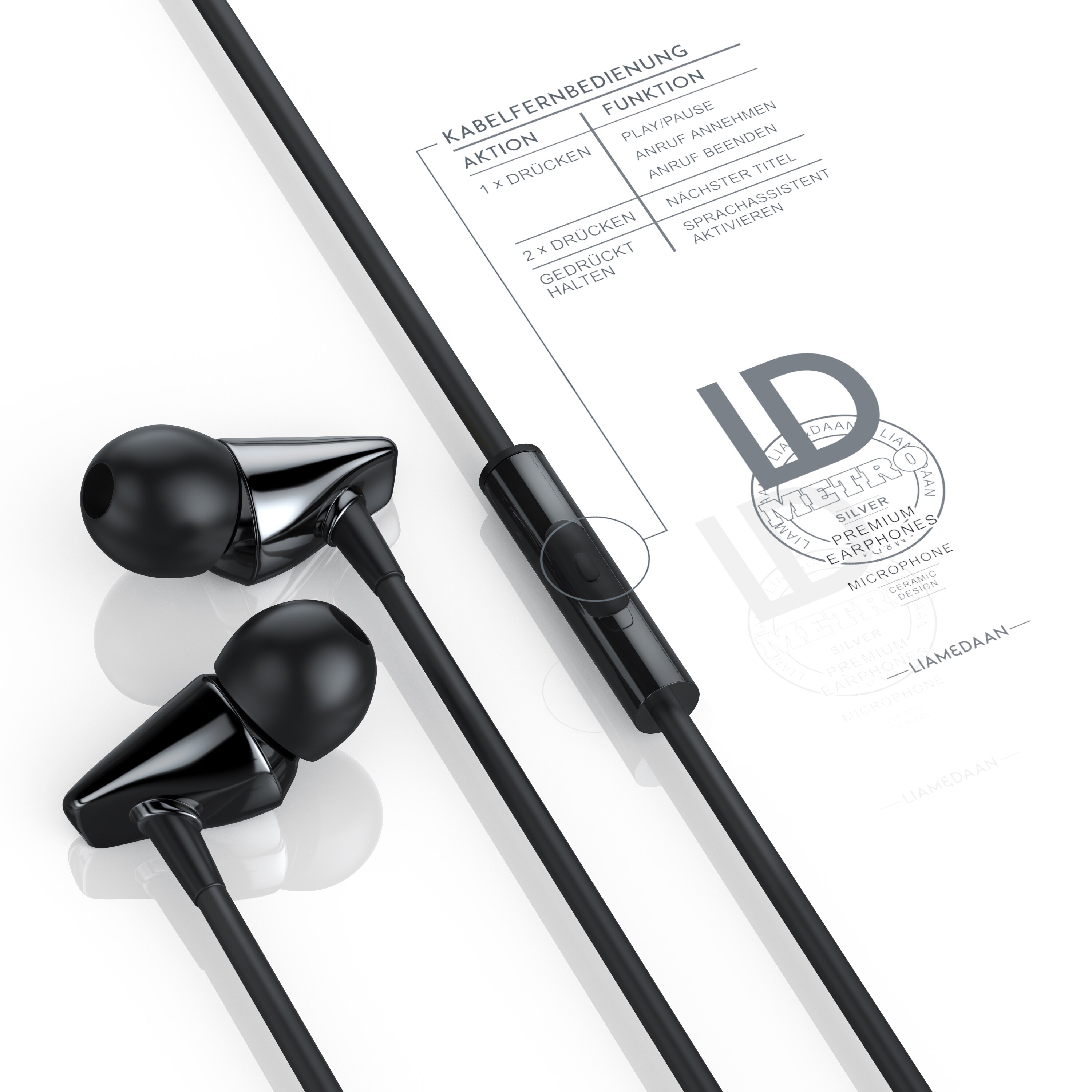 LIAM&DAAN In-Ear-Kopfhörer, InEar Ohrhörer mit Mikrofon, 8mm Treiber, Aramid Kabel, Knickschutz