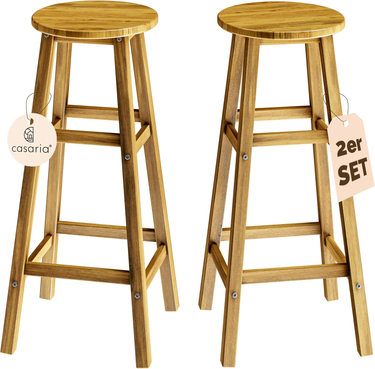 Casaria® Barhocker 2er Set Holz Akazie Outdoor 75cm  Sitzhöhe Fußstütze 150kg Belastbarkeit Massiv Rund Rustikal Garten Küche Bar Stuhl Hocker Braun KK1934265