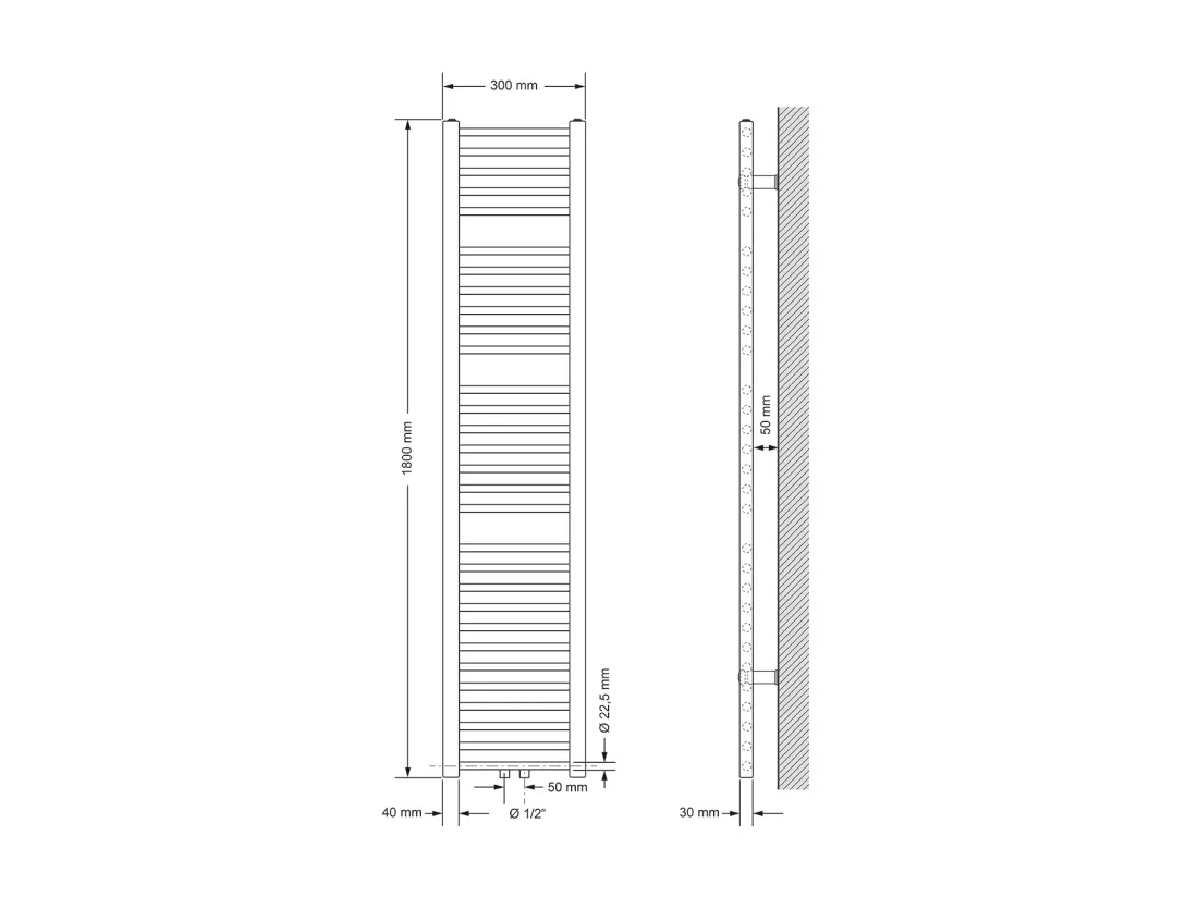 Radiateur sèche-serviette salle de bain droite blanc connexion central 30x180 cm