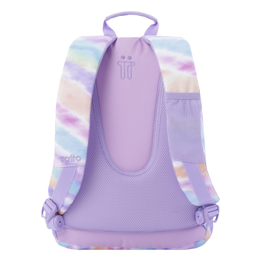 Mochila escolar Totto com estampa pastel e lápis inclusos.
