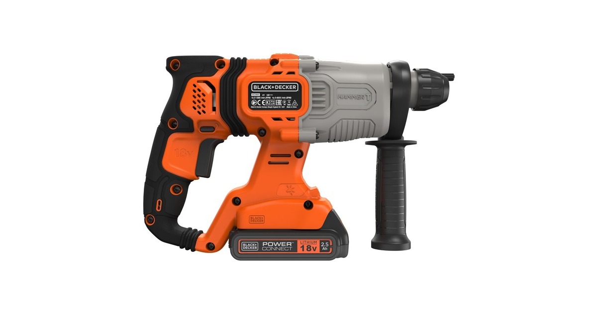 BLACK+DECKER18V 2.5Ah SDS+ Pneumatische boorhamer BCD900E2K-QW klopboormachine  (Oranje, 2x 18V 2.5h accu's en oplader inbegrepen + koffer)