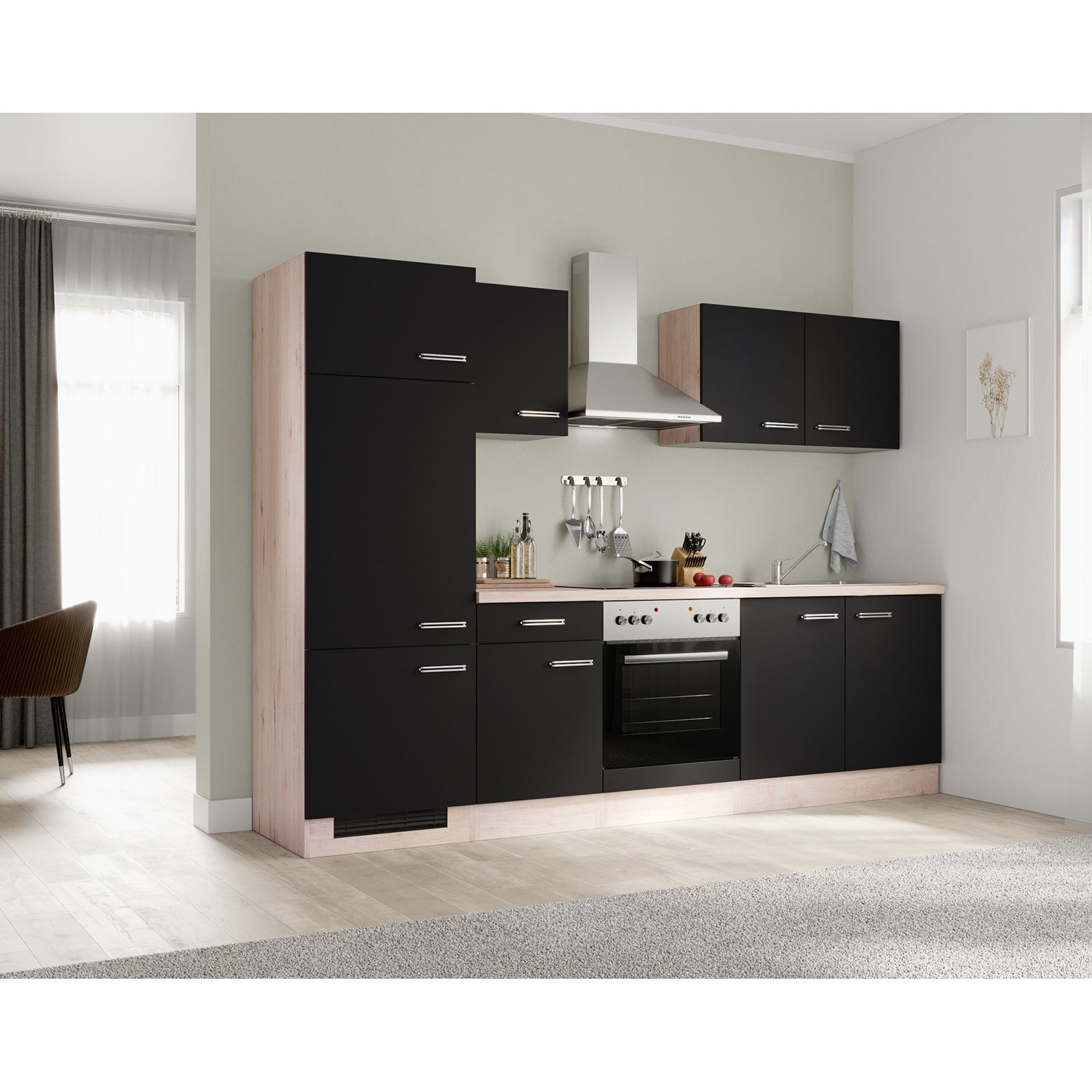 Küchenblock RISENTO - anthrazit - San Remo Eiche - mit E-Geräten - 270 cm