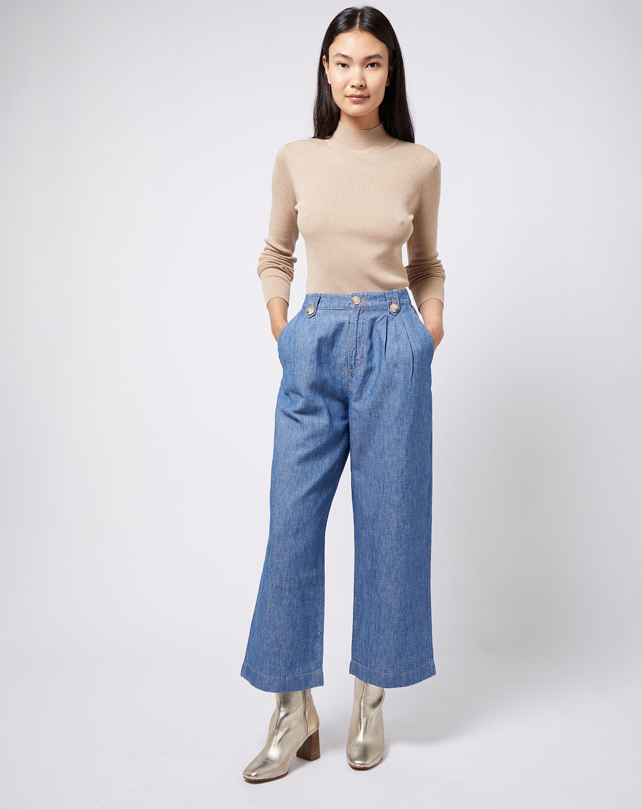 Esprit Pantalon fluide en Coton & Lin bleu moyen