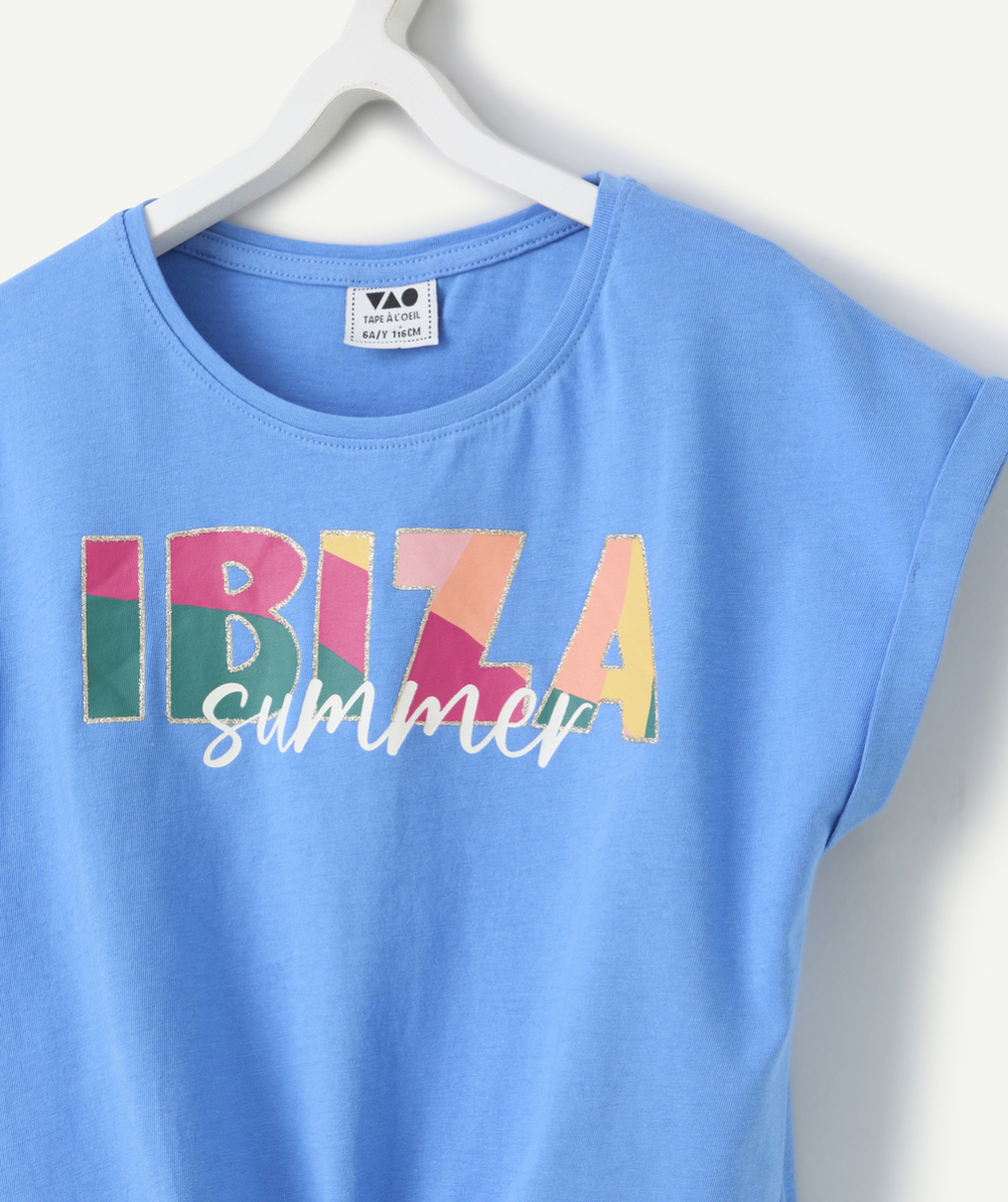t-shirt manches courtes fille en coton bio bleu motif ibiza