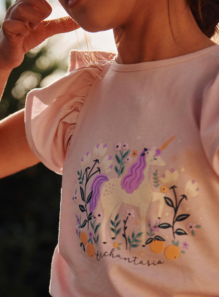 T-shirt lilas à volants et licorne fantaisie