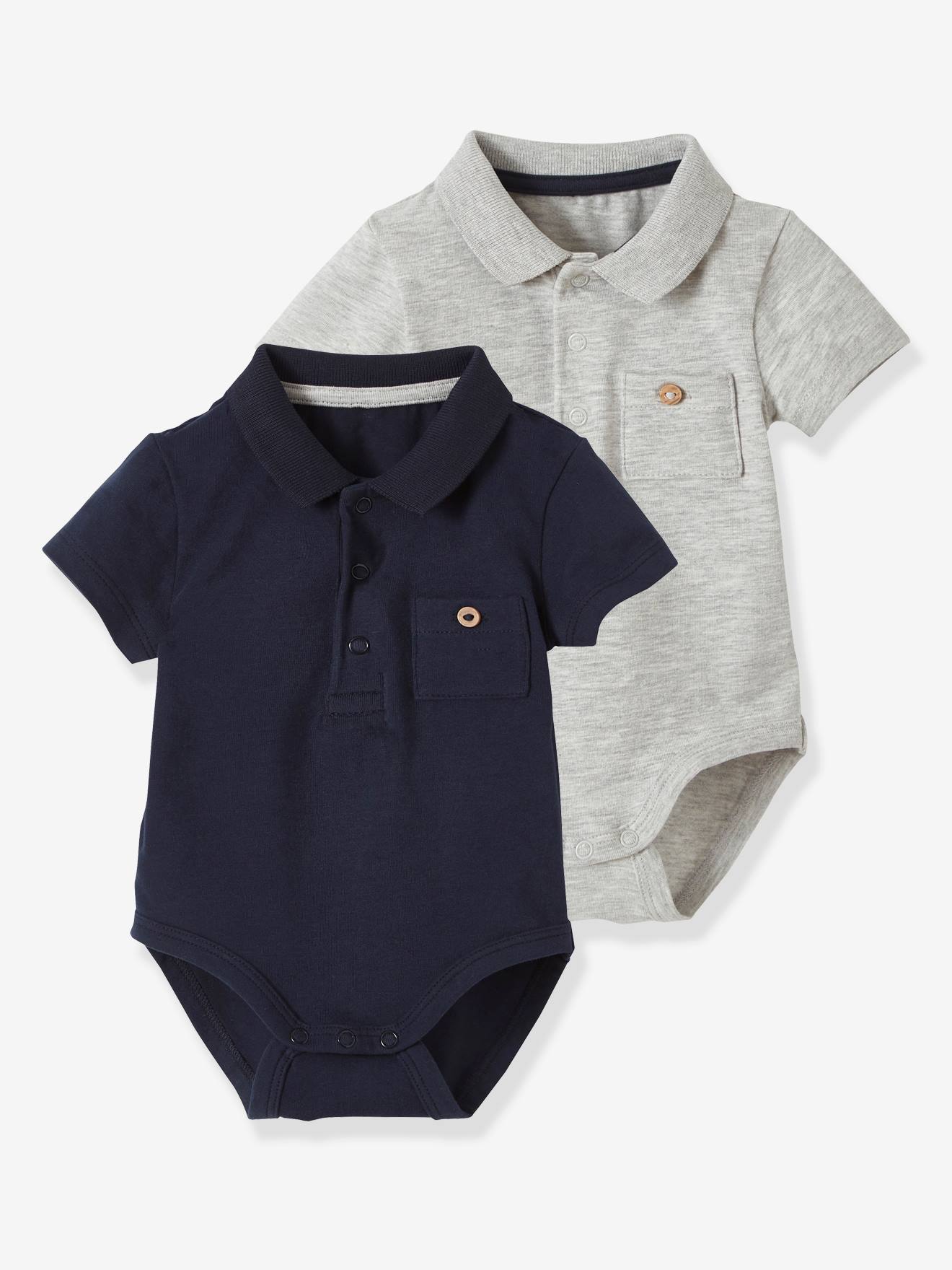 Conjunto com 2 bodies para recém-nascidos com gola polo e bolso, azul escuro, bicolor/multicolorido.