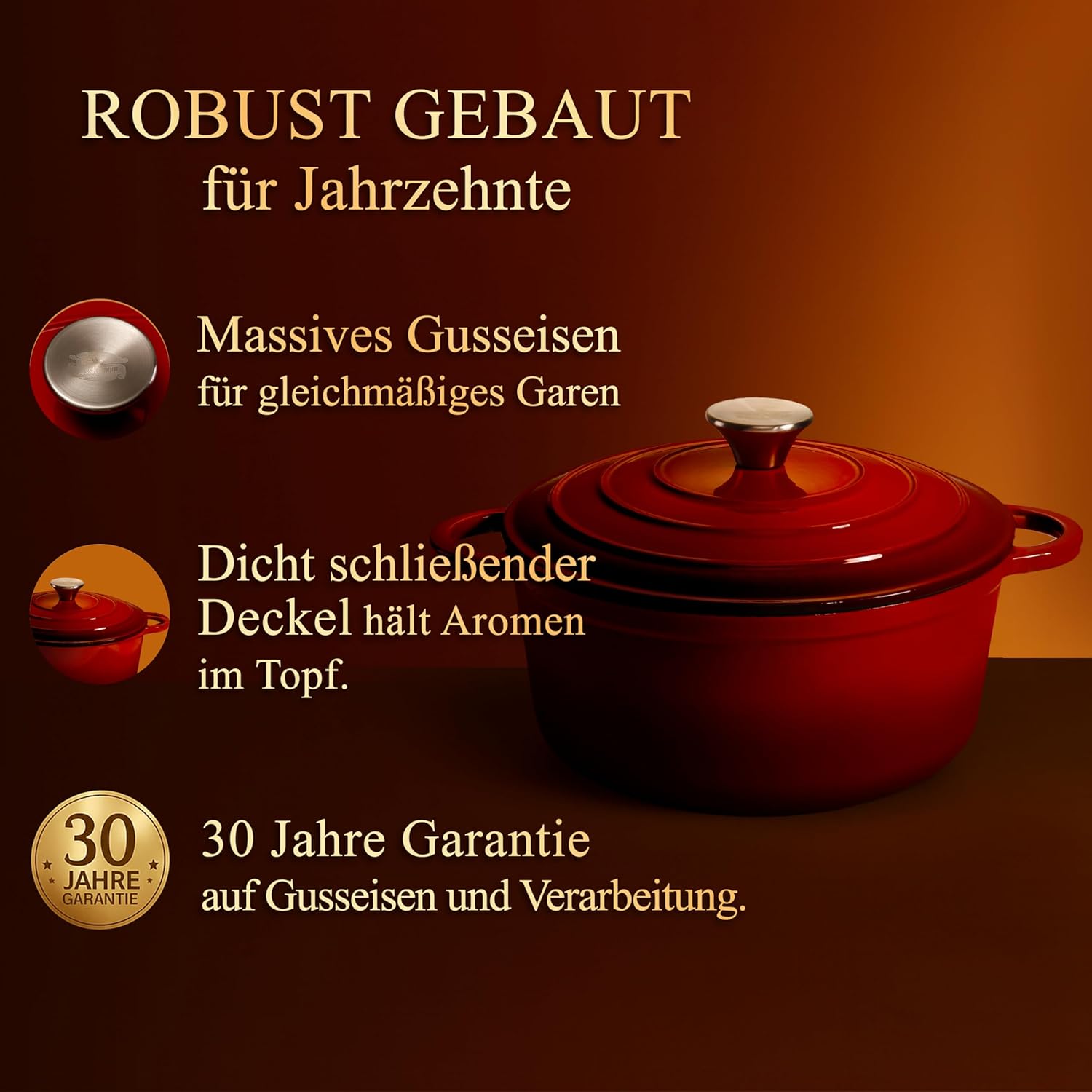Gusseisen Bräter 28 cm – Dutch Oven & Emaille Schmortopf mit Deckel – Gusseisen-Topf und Emaille Topf für Induktion – Cocotte/Bräter & Schmortöpfe – Bratentopf mit 30 Jahre Garantie
